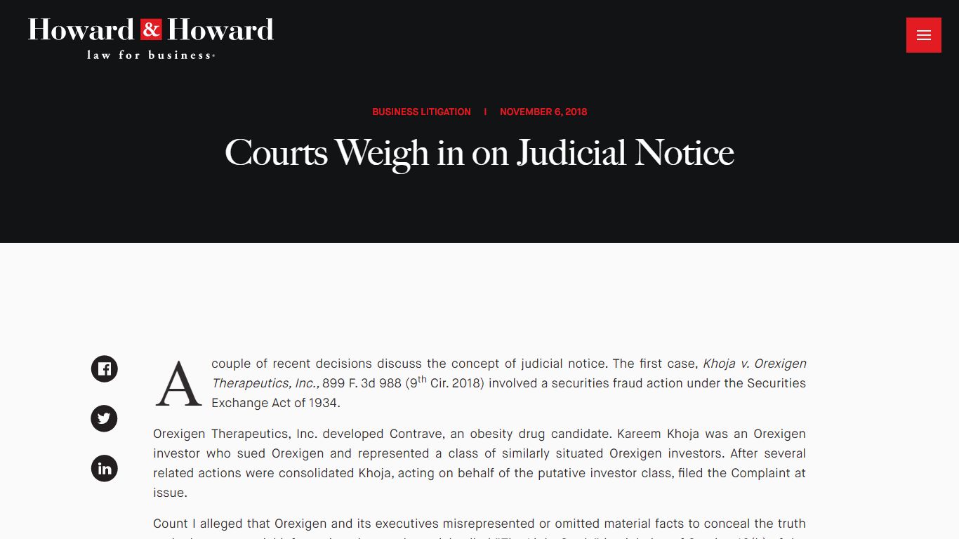 Courts Weigh in on Judicial Notice | Howard & Howard